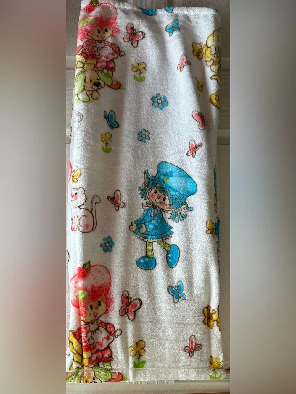 Strawberry Shortcake Blanket White Plush Throw Pink & Blue Characters 50X70” New